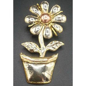Metal Silver Flower Pot  Pendant Brooch Pin Vintage
